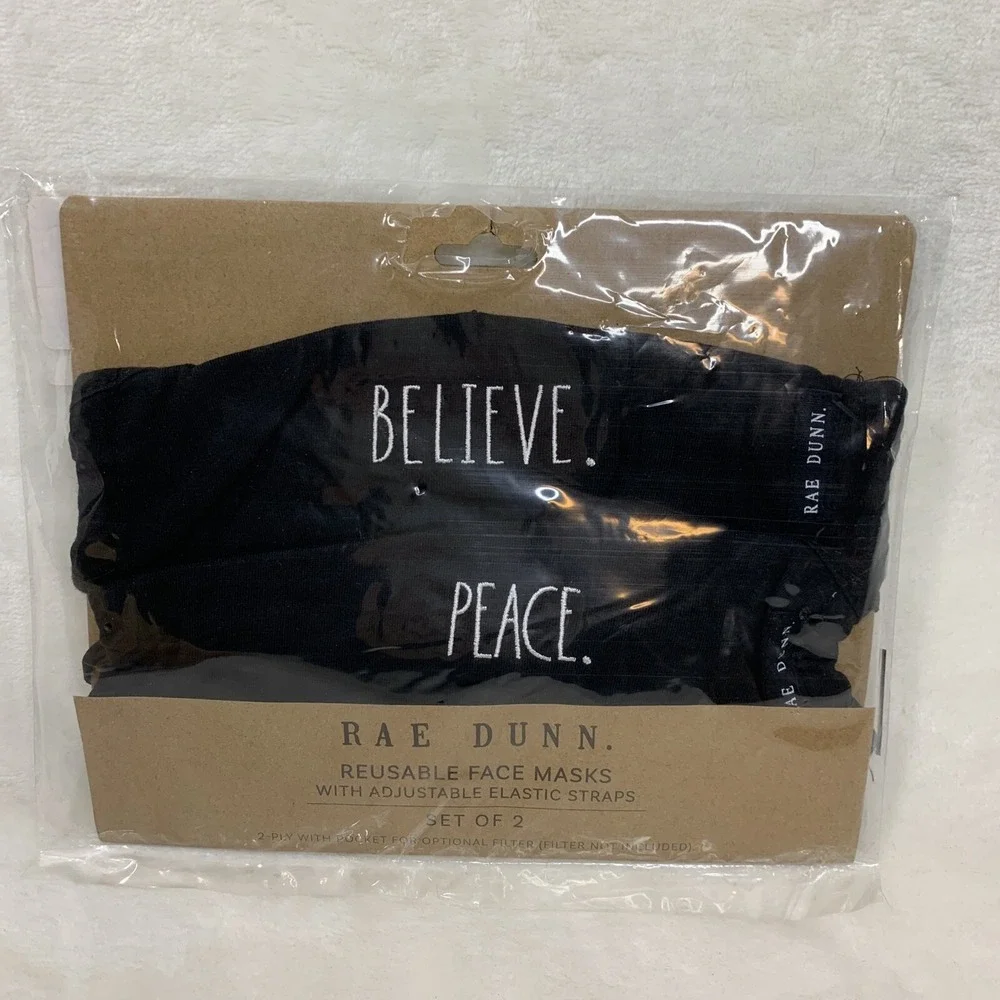 Rae Dunn Face Masks Black SET‎ OF 2 Cotton Reusable NEW 